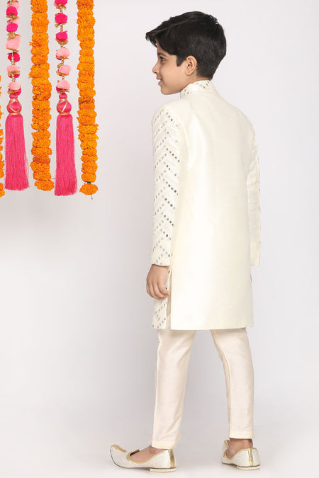 VASTRAMAY Cream Mirror Work Indo Western Baap Beta Set